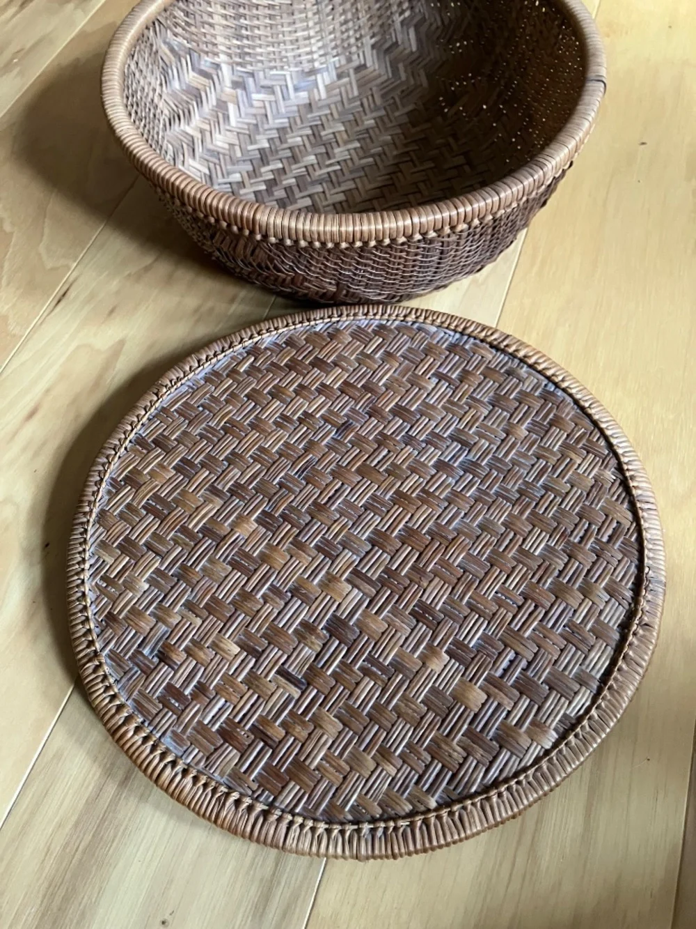 Artisanal Hand-Woven Lidded Rattan Basket in Warm Chestnut